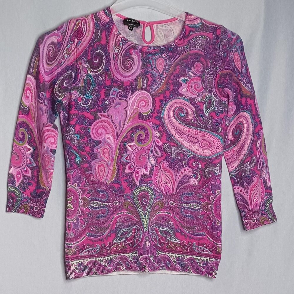 Talbots Sweater Womens XS Pink Paisley 100% Cashmere 3/4 Sleeve Casual Preppy